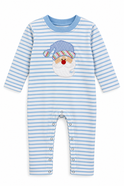 Applique Santa Boy's Romper Light Blue White Stripes