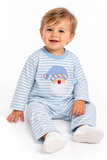 Applique Santa Boy's Romper Light Blue White Stripes