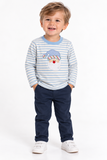 Applique Santa Boy's Shirt Light Blue White Stripes