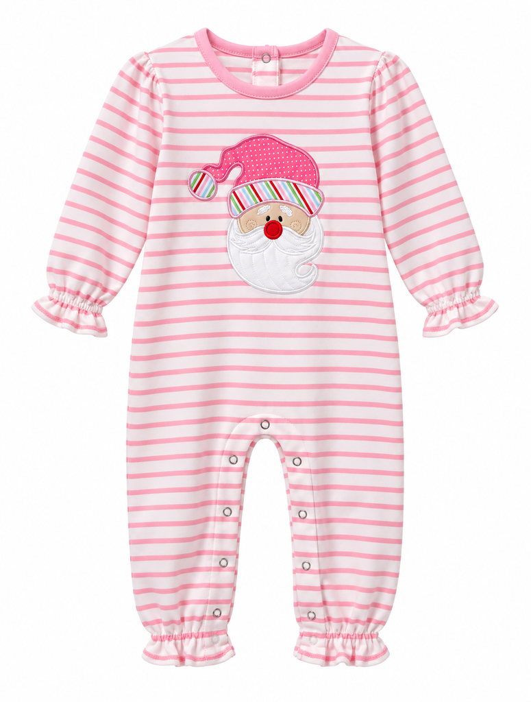 Christmas Santa Applique Baby Girl Romper Pink/White Stripes