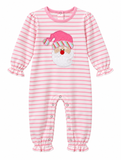 Christmas Santa Applique Baby Girl Romper Pink/White Stripes