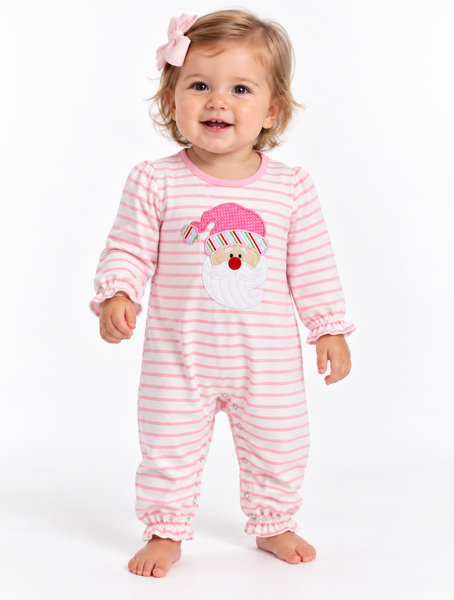 Christmas Santa Applique Baby Girl Romper Pink/White Stripes