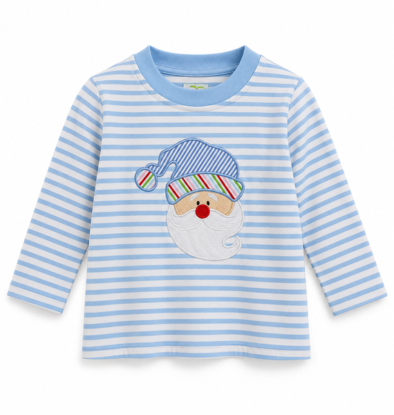Applique Santa Boy's Shirt Light Blue White Stripes