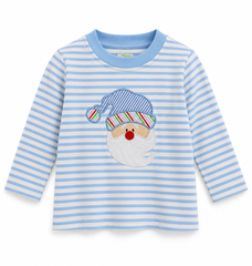 Applique Santa Boy's Shirt Light Blue White Stripes