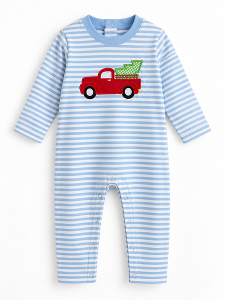 Applique Christmas Tree Truck Boy's Romper