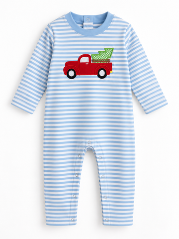 Applique Santa Boy's Shirt Light Blue White Stripes