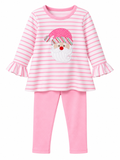 Applique Santa Girl's Pants Set Pink/White Stripes