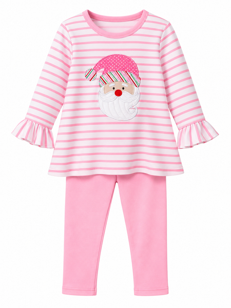 Applique Santa Girl's Pants Set Pink/White Stripes