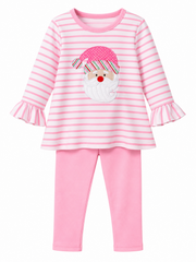 Applique Santa Girl's Pants Set Pink/White Stripes